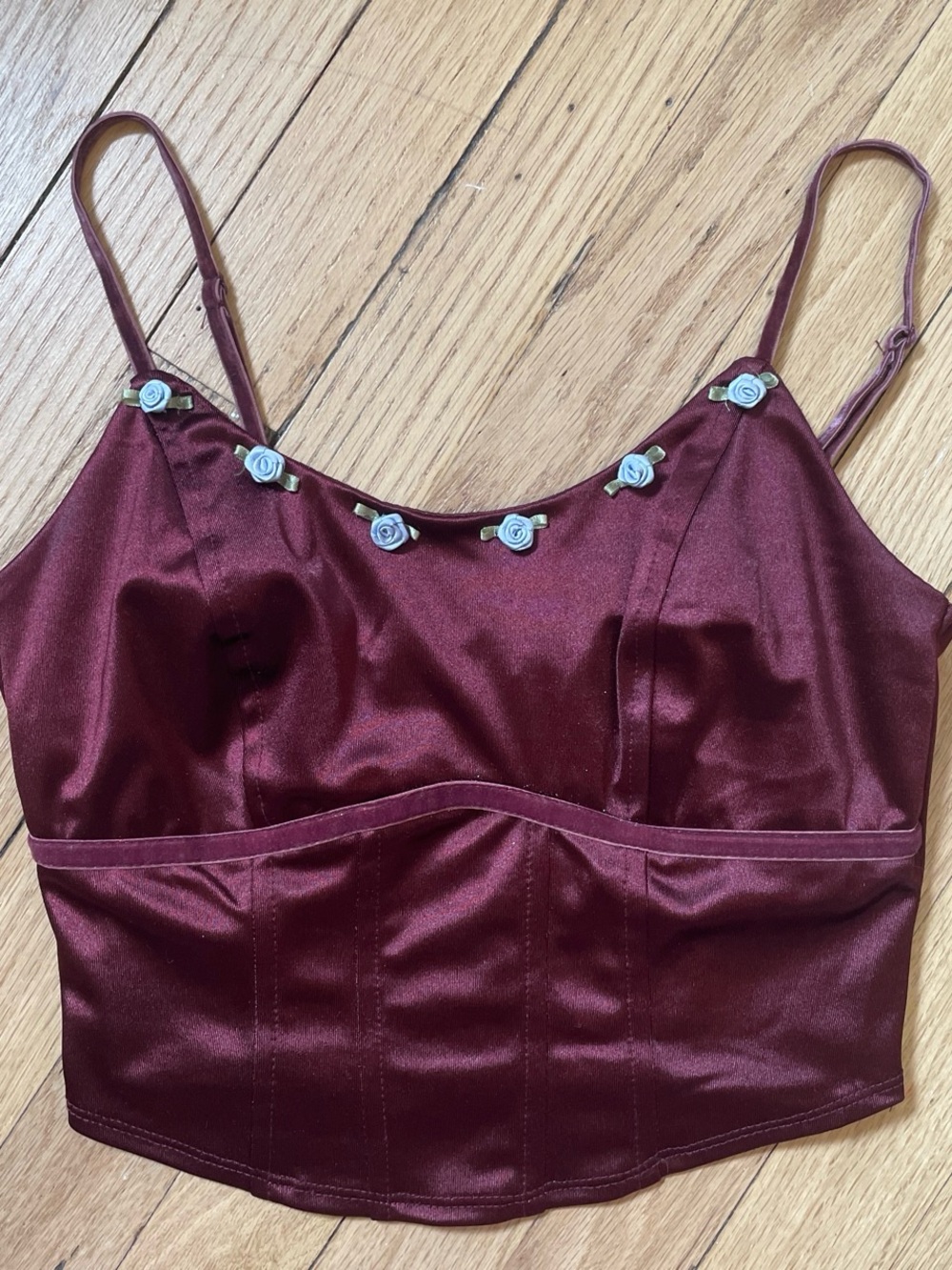 wild fable Burgundy Satin Cropped Cami with Rose Trim
